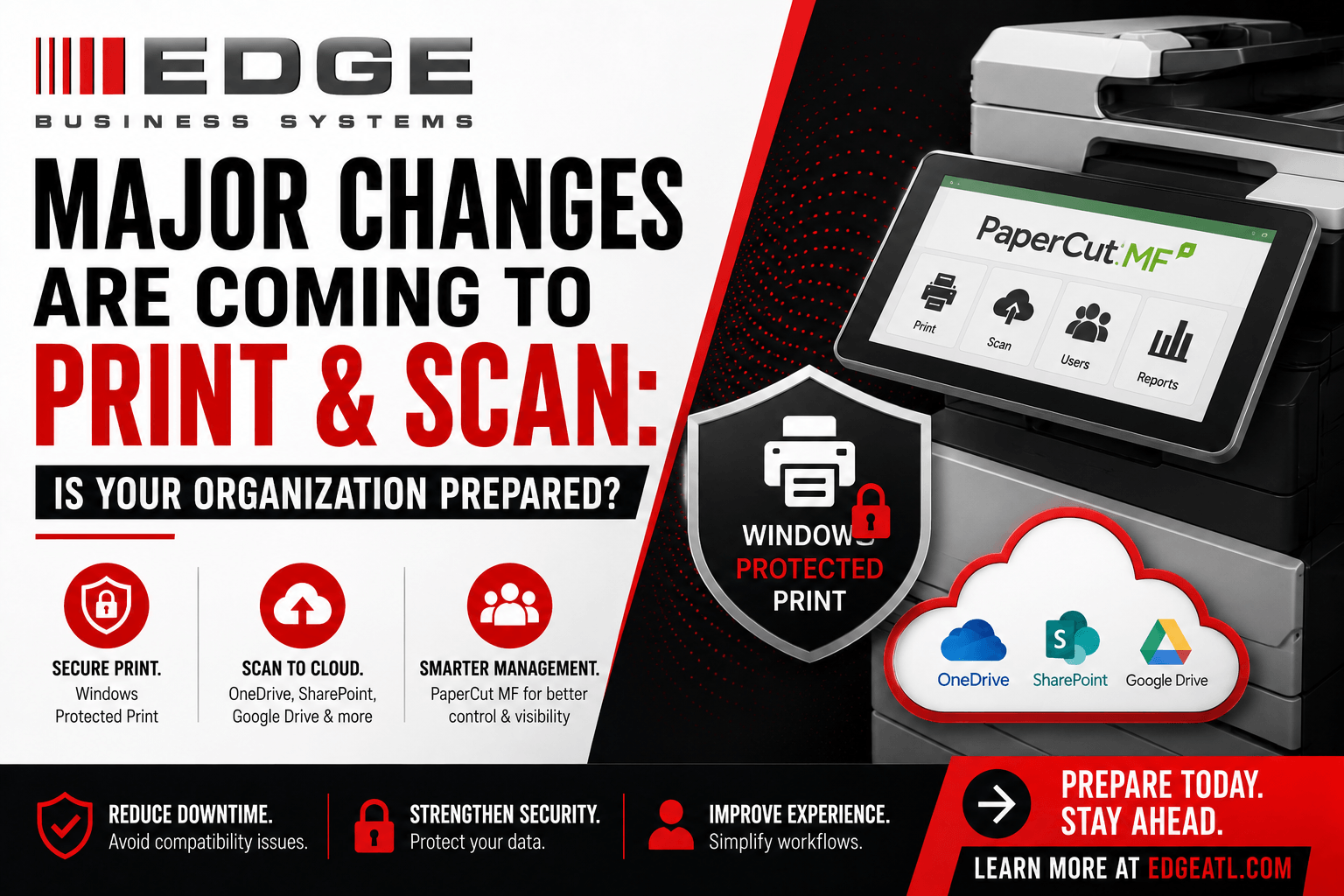 EDGE Business Systems graphic: Major changes are coming to print and scan — secure print, scan to cloud, and smarter management with PaperCut MF