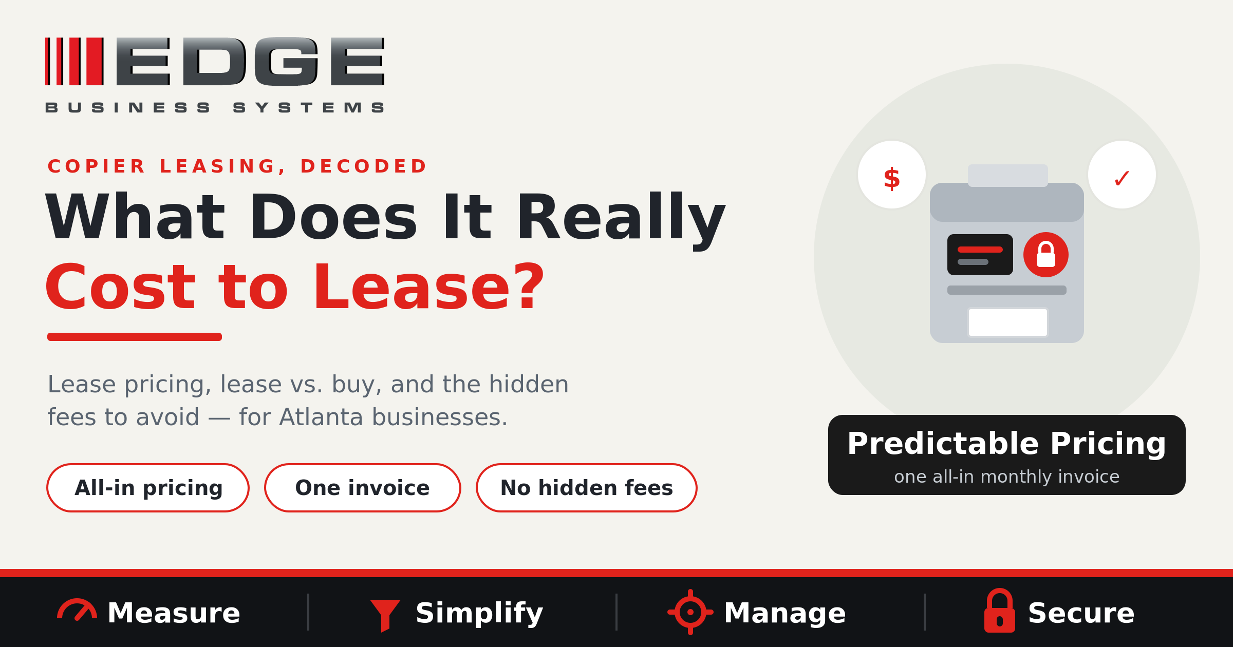 EDGE Business Systems infographic: what does it really cost to lease an office copier in Atlanta — lease vs. buy and hidden fees.