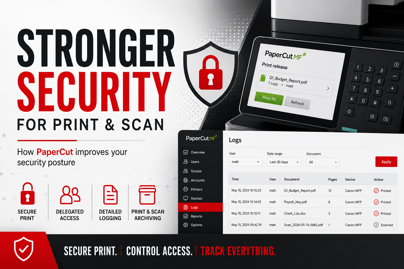 EDGE Business Systems graphic: Stronger print security with PaperCut — secure release, control access, and logging for print and scan